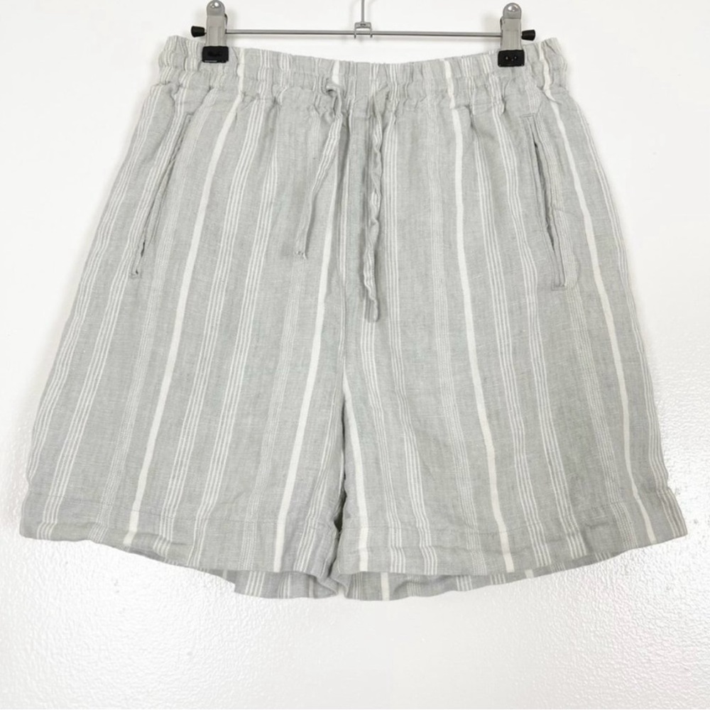 GANNI Shorts Womens Small 100% Linen Gray White Stripe High Rise Pockets Pull On